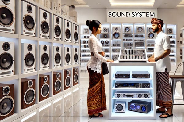 Toko Sound System Bali dengan Pengunjung dan Pegawai Toko Menggunakan Pakaian Adat Bali