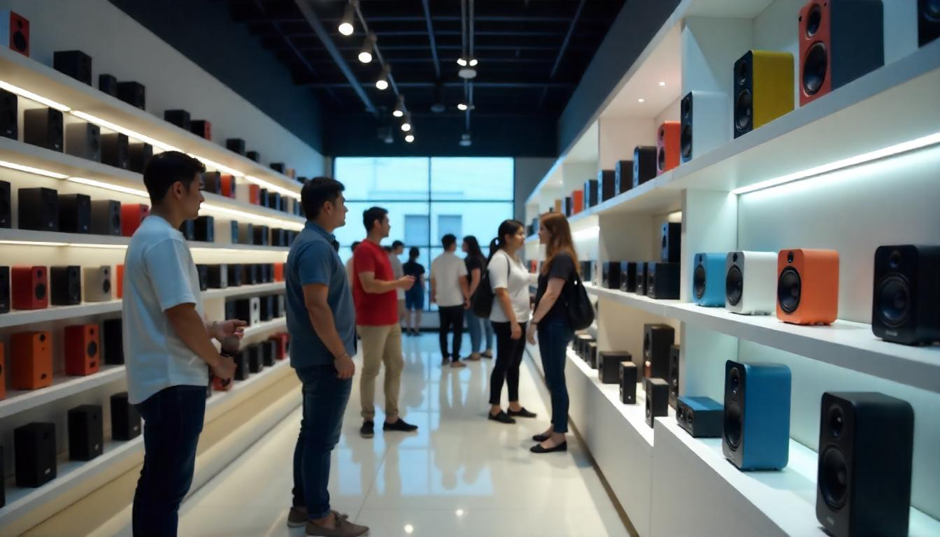 Pengunjung Toko sedang Mencari Speaker Portable 15 Inch yang Sesuai dengan Kebutuhannya