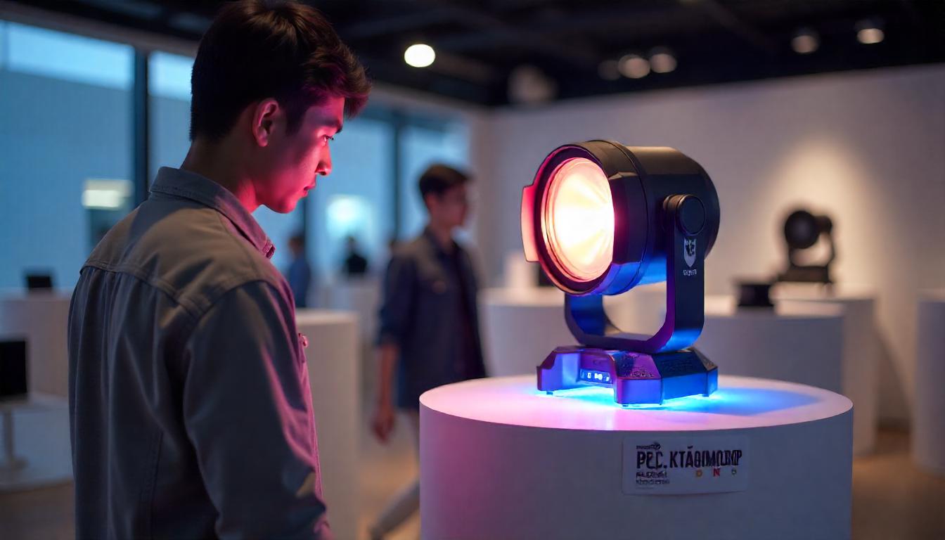 Seorang Pria sedang Memperhatikan Berbagai Tipe Lampu Reting Panggung dan Mengecek Harga yang Ditawarkan