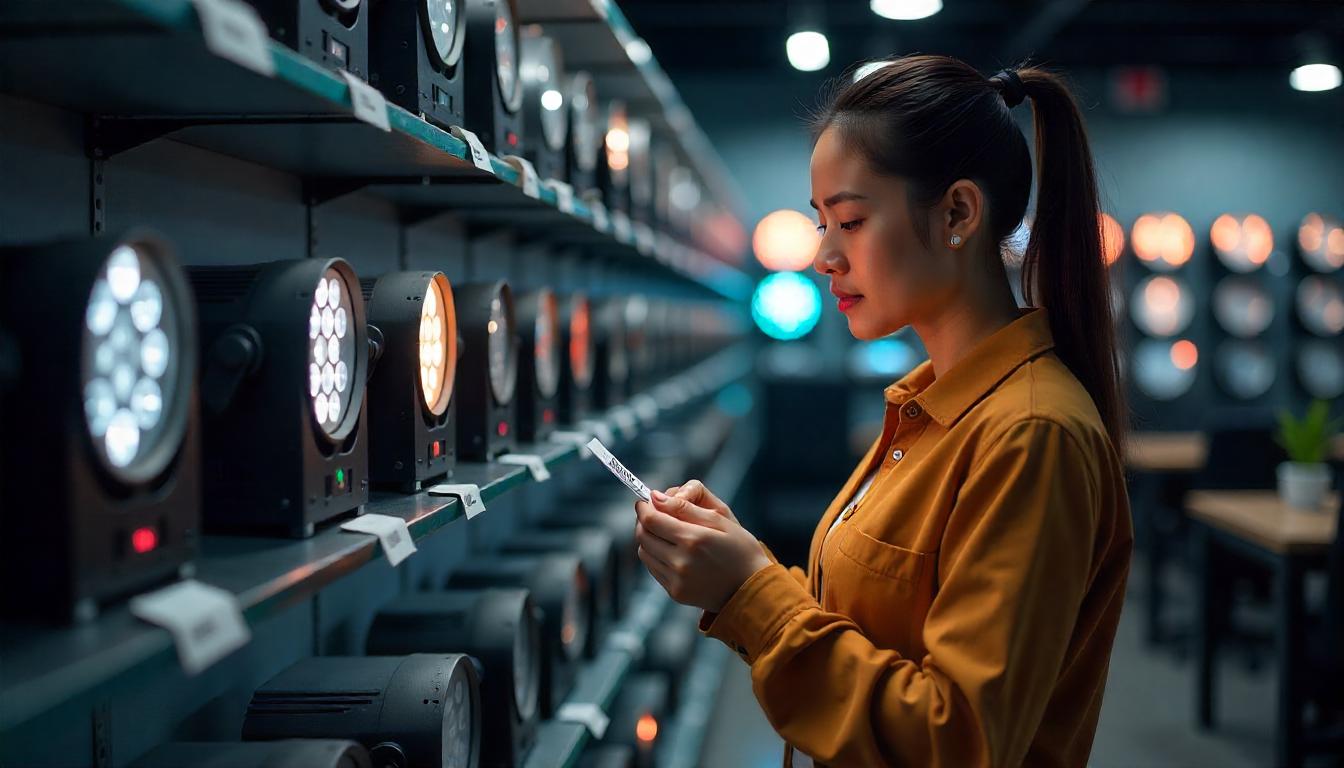 Seorang Wanit Mengecek Harga Lampu Sokle Panggung di Sebuah Showroom untuk Menemukan Produk Terbaik dengan Harga Terjangkau