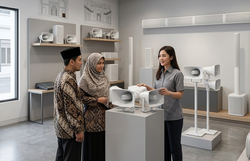 Deretan Speaker untuk Imam Masjid di Sebuah Showroom sedang Dijelaskan oleh Pemilik Showroom