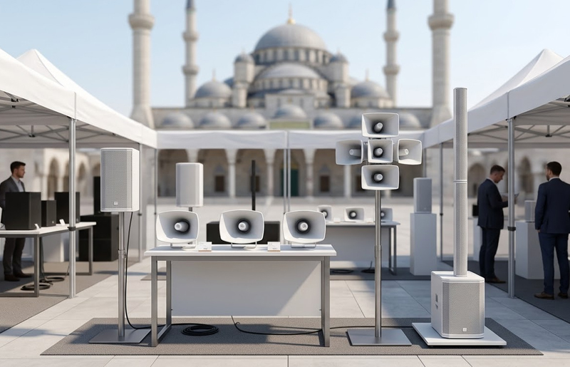Rekomendasi Speaker Masjid sedang Dipamerkan pada Sebuah Stand Pameran